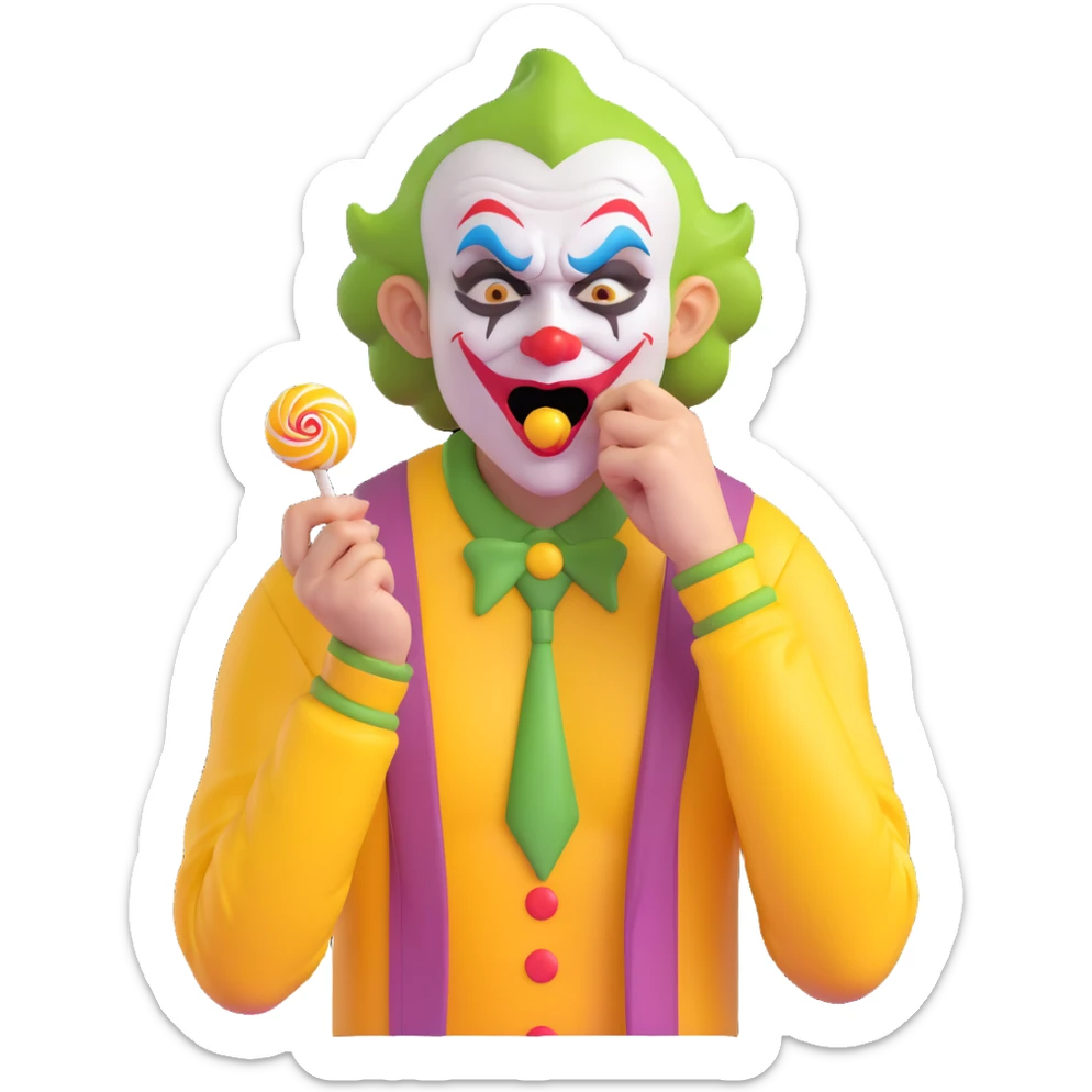very ugly joker wearing a yellow jersey, crying and eating a lollipop, expressive and humorous sticker