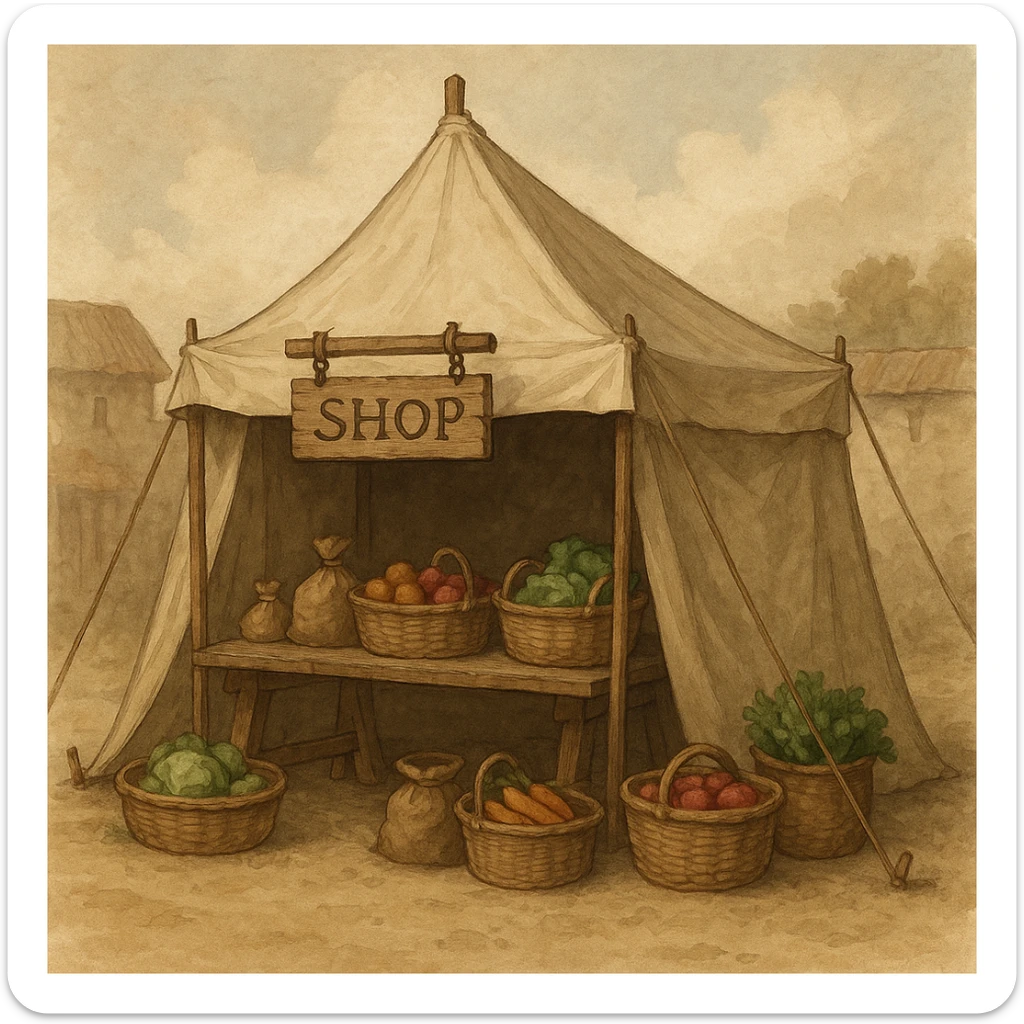 a simple medieval tent shop, beige canvas, wooden sign, baskets of produce, rustic market scene sticker