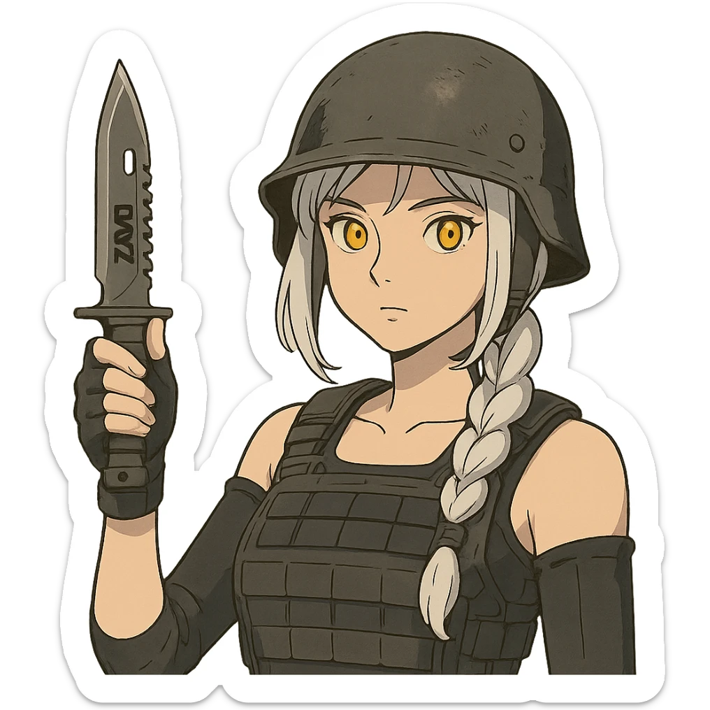  a closeup portrait of young woman with gold yellow eyes, white hair, long braid, black off-shoulder top d-cup, punk gothic style, futuristic cyberwave cyberpunk,  she has a plate carrier armor vest , and a old-style steel bulletproof combat helmet.  holding up a DAYZ combat knife sticker