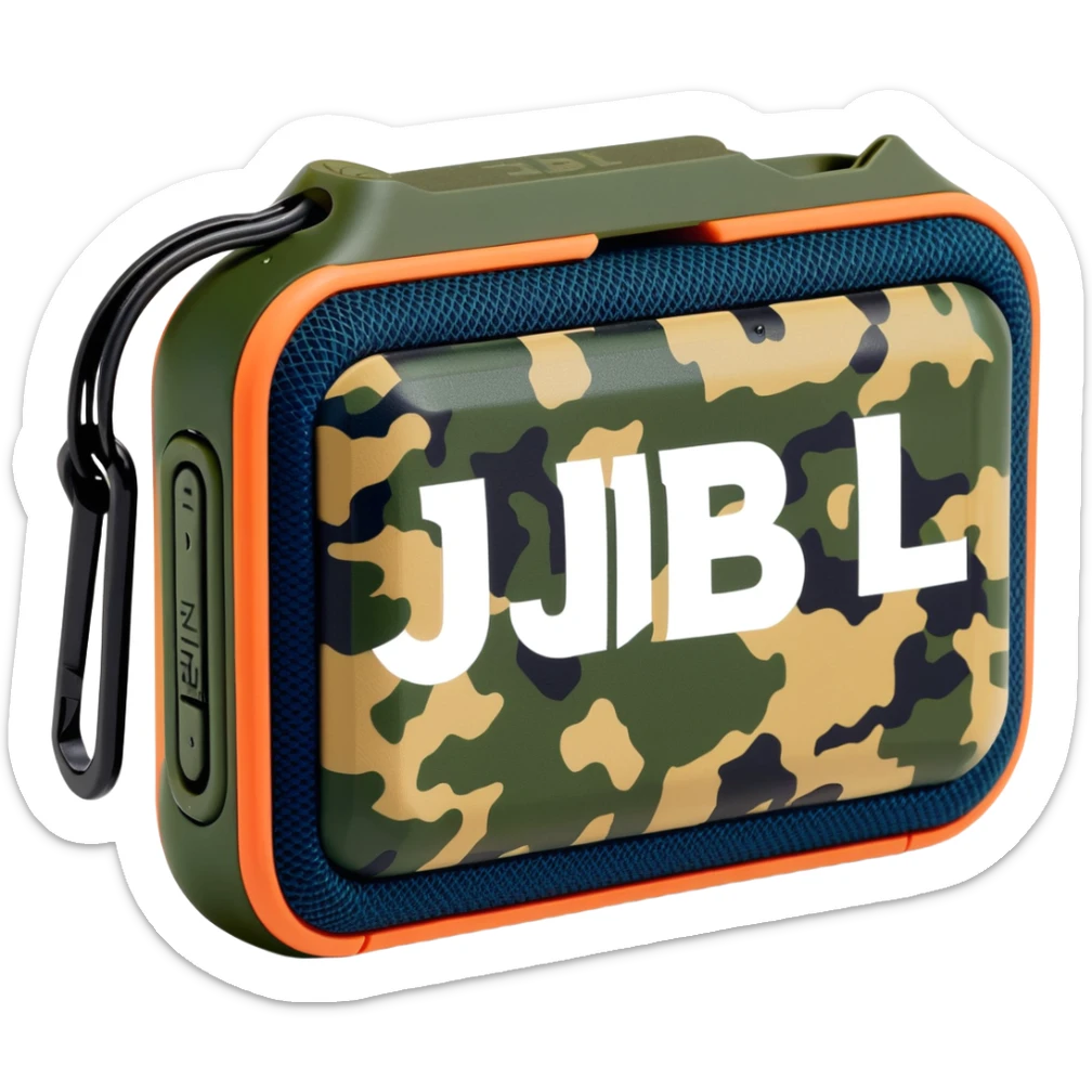 JBL Go Clip 4 portable speaker with camouflage colors and carabiner clip sticker