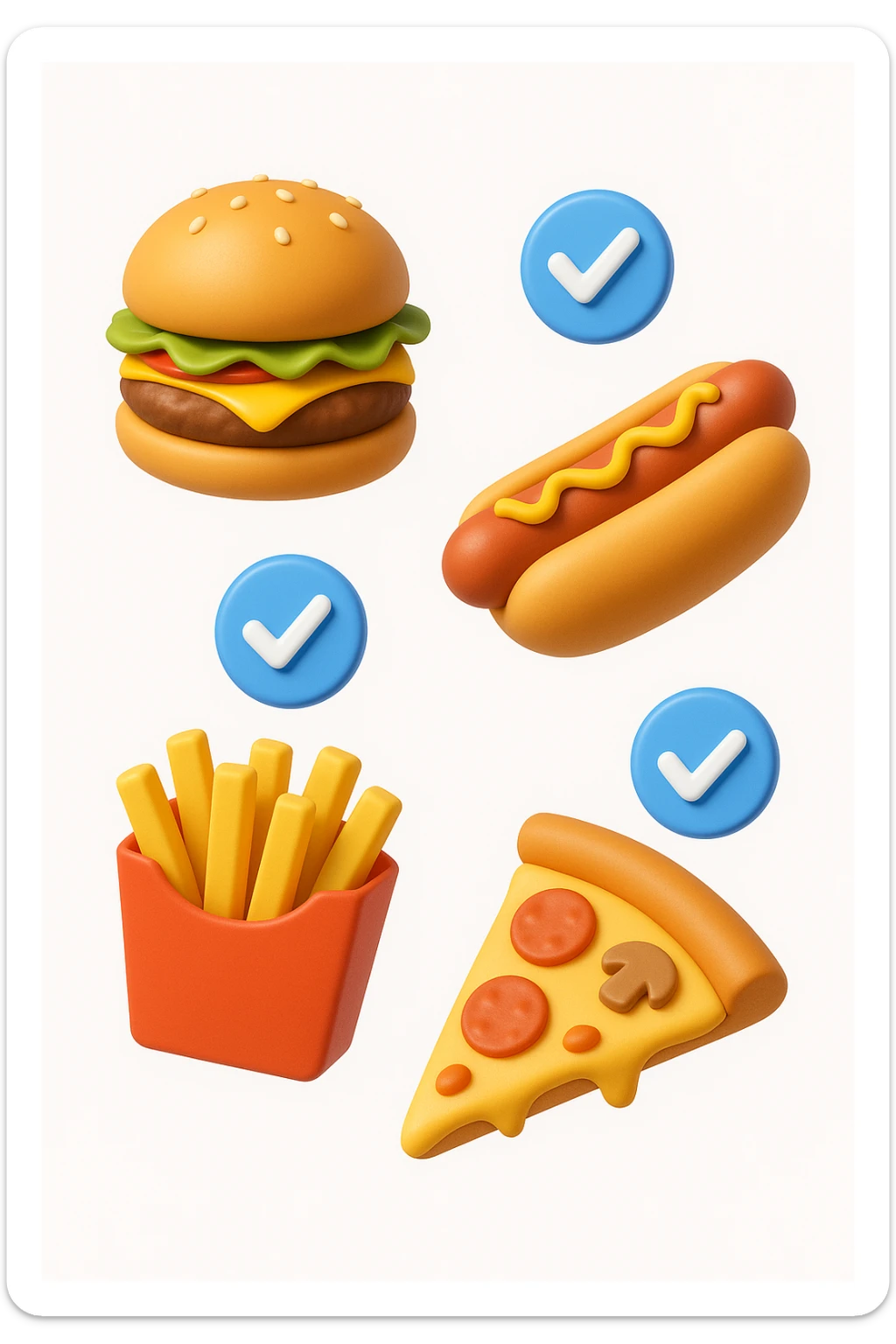 fast food fluttua in aria insieme a spunte di verificato in 3d, sfondo bianco sticker