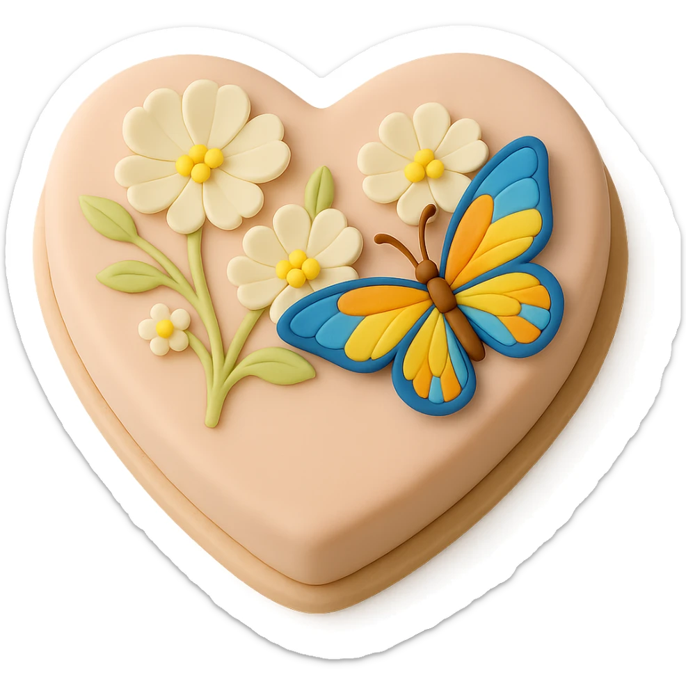 Make the butterfly smaller on the heart-shaped fondant cake with white flowers, fondant cake art style, keep transparent background. sticker