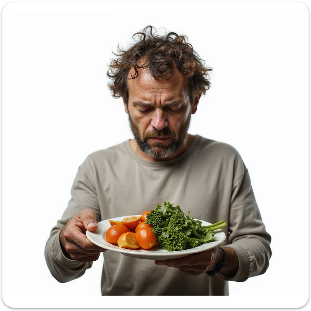 realistic man, dull hair and dry skin, plate with only vegetables, atmosphere of malaise, caption in Italian: “Dieta priva di grassi salutari: compromissione della salute”, isolated on white background sticker
