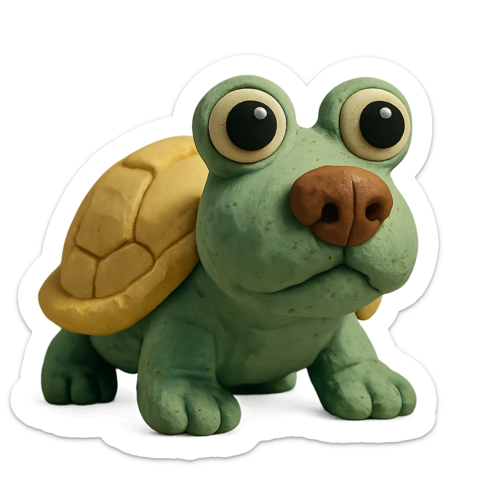 animal with a tortoise shell, frog eyes, and dog nose in claymation style sticker