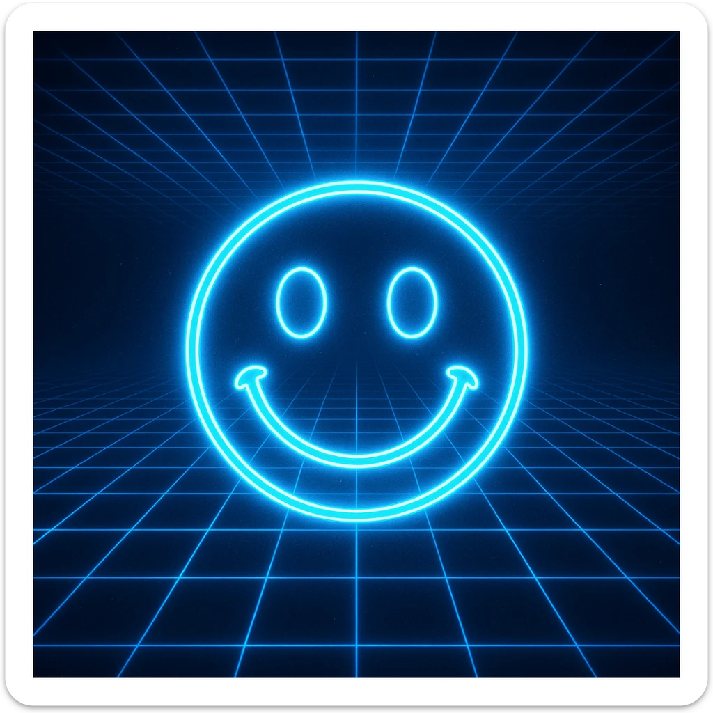 smiley face emoji in neon Tron 80's retro style with glowing blue grid background sticker