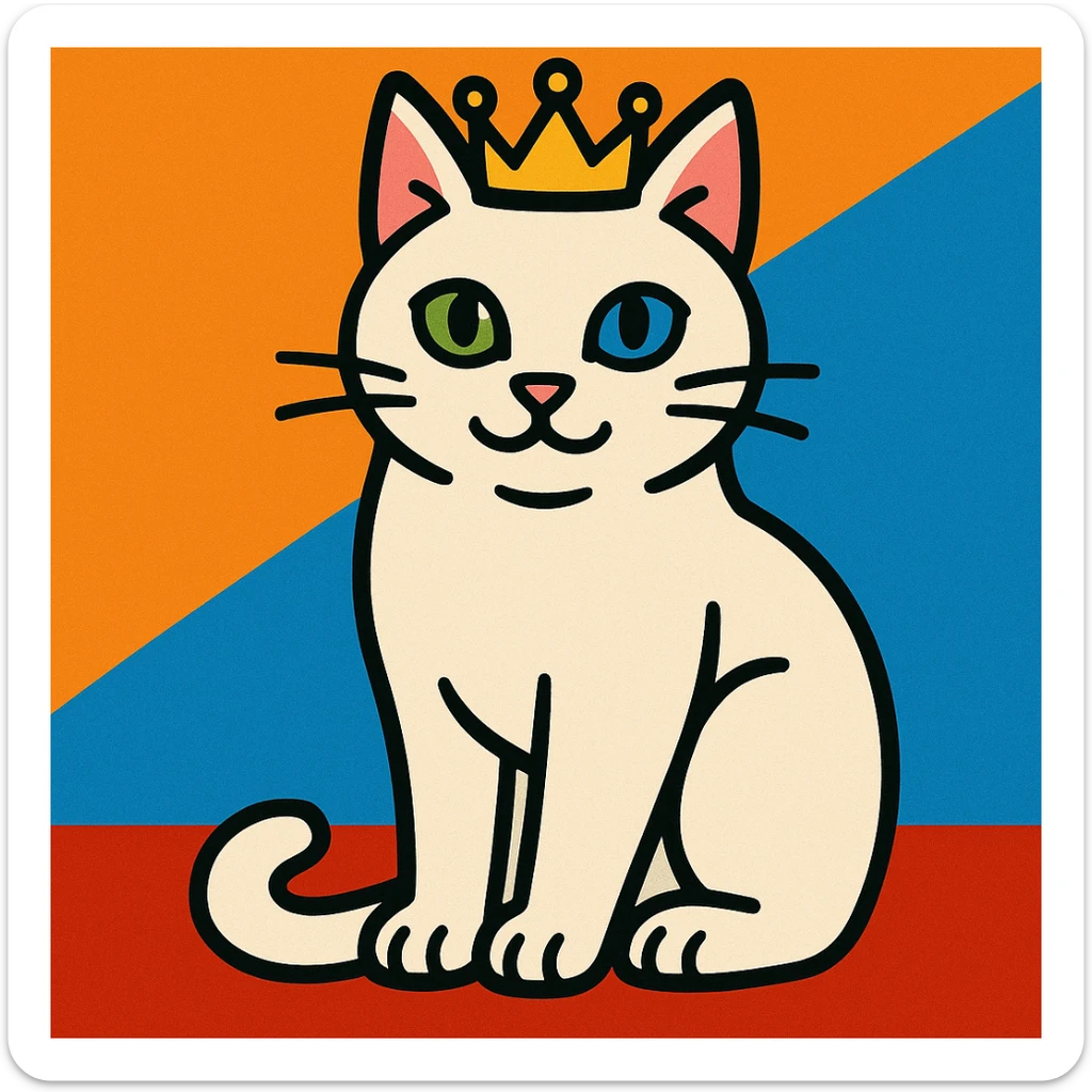 realistic white cat with one green eye and one blue eye, wearing a princess crown sticker