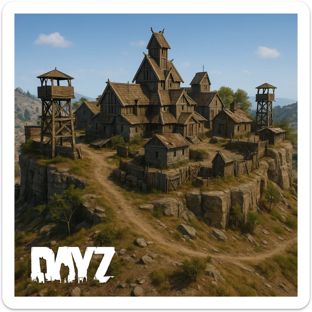 A small hilltop mesa city in the videogame dayz, screensot, based on whiterun but with modern DayZ architecture  sticker