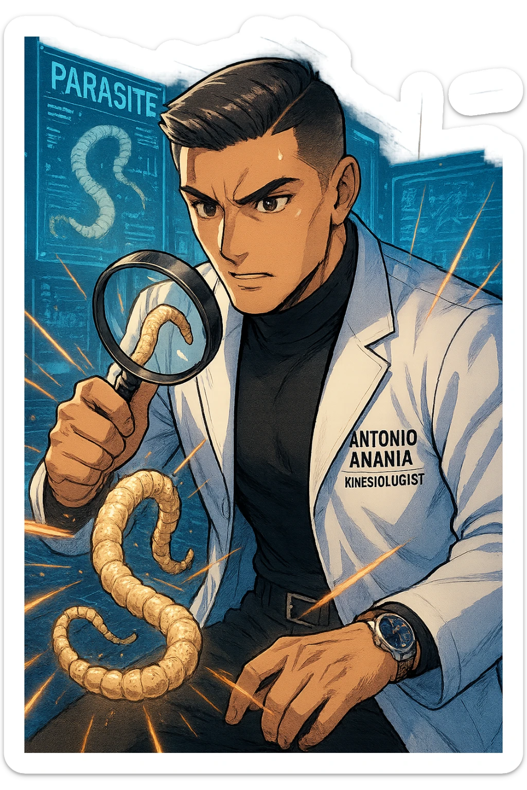 A dynamic manga/webtoon-style illustration of a young male kinesiologist wearing a clean white lab coat, analyzing light beige worms like a tapeworm under a magnifying glass. His expression is focused and slightly intrigued, with sharp, detailed eyes. The art style is vibrant, with bold linework, rich colors, and dramatic lighting. The background is a futuristic laboratory with glowing holographic screens displaying parasite data. The tapeworm is intricately drawn, slimy and segmented, with a slightly exaggerated yet realistic texture. The composition is dynamic, with motion lines or energy effects to emphasize his scientific investigation. The atmosphere is intense but not dark, keeping a balance between scientific seriousness and stylish manga aesthetics, he has "ANTONIO ANANIA" WRITTEN ON WHITE LAB COAT sticker