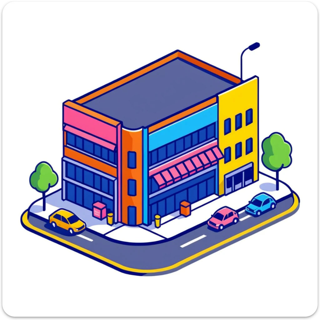 Isometric supermarket building exterior with colorful facade, parked cars, and entrance area sticker