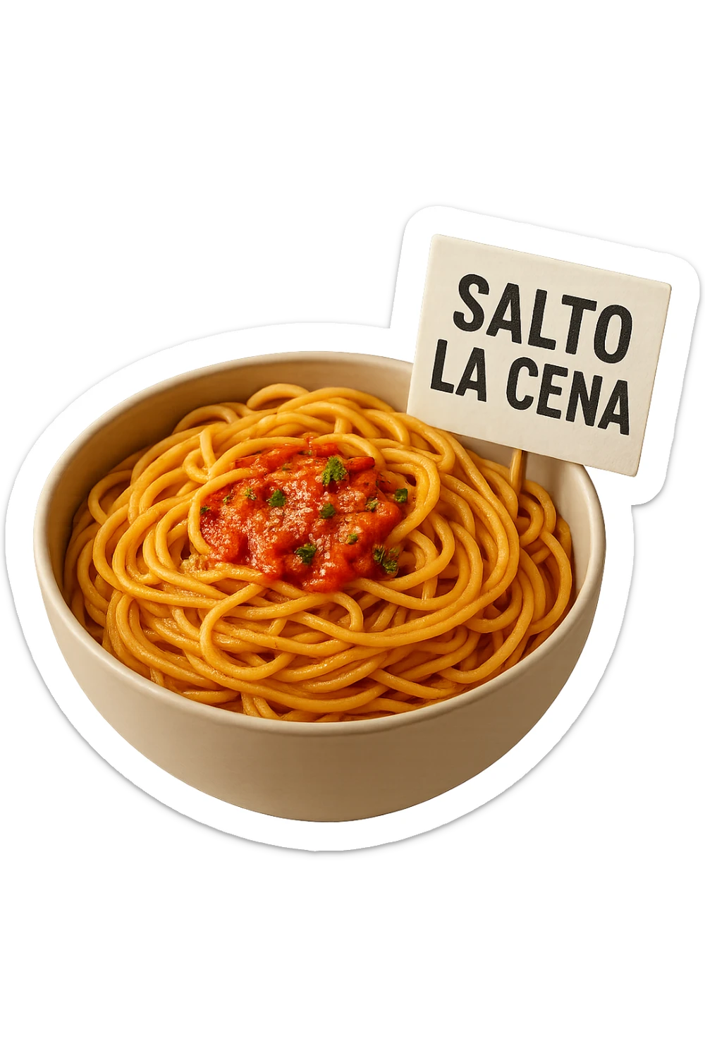 BOWL DI PASTA CON CARTELLO CON LA SCRITTA "SALTO LA CENA",  iperrealistico 4k sticker