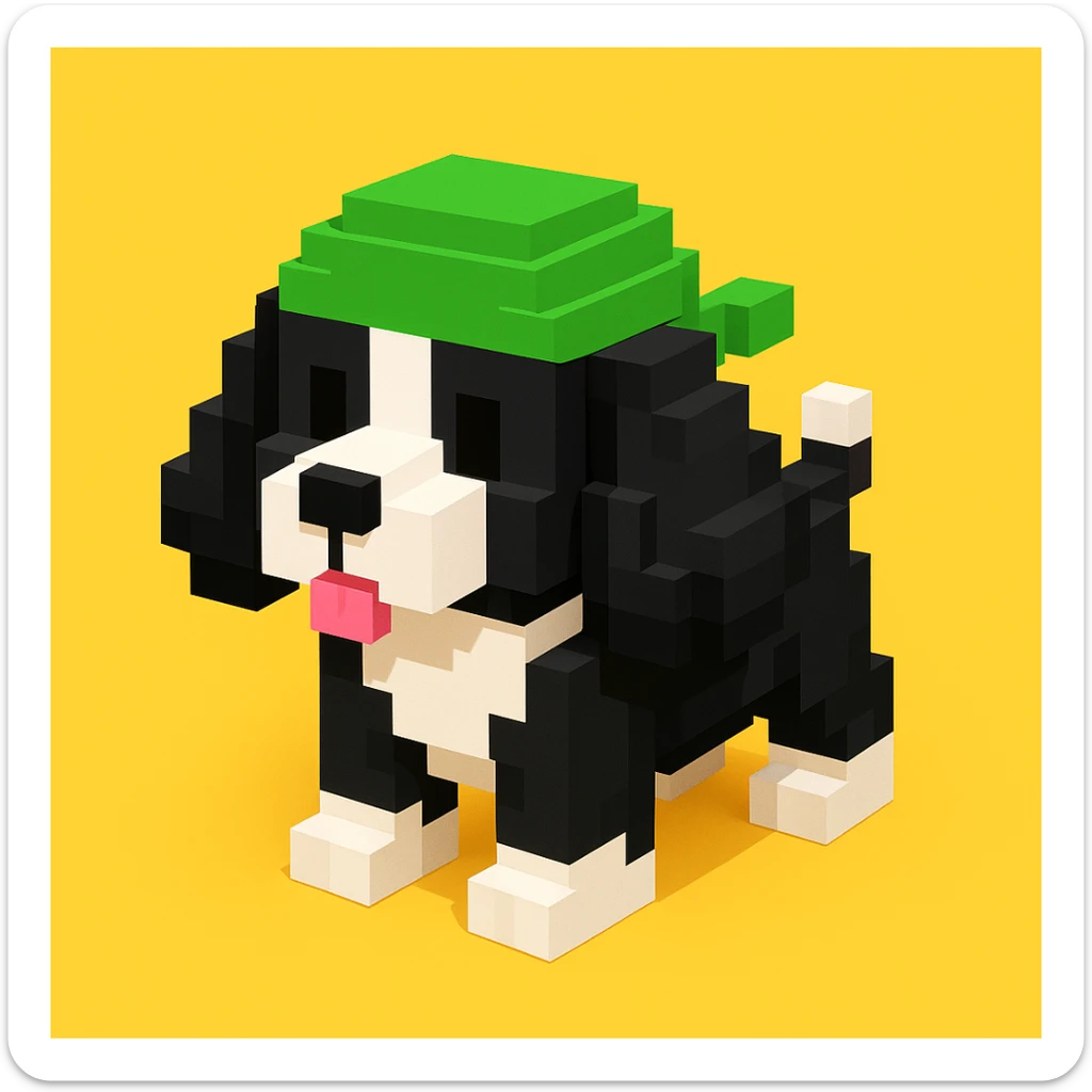 A black and white Russian Cocker Spaniel puppy wearing a green durag, voxel style, sitting sticker