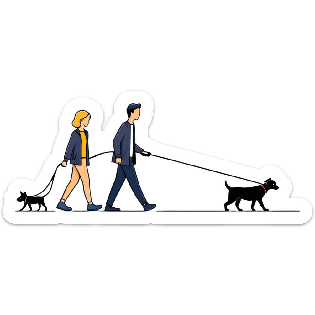Woman walking a man on a leash with the man on all fours like a dog sticker