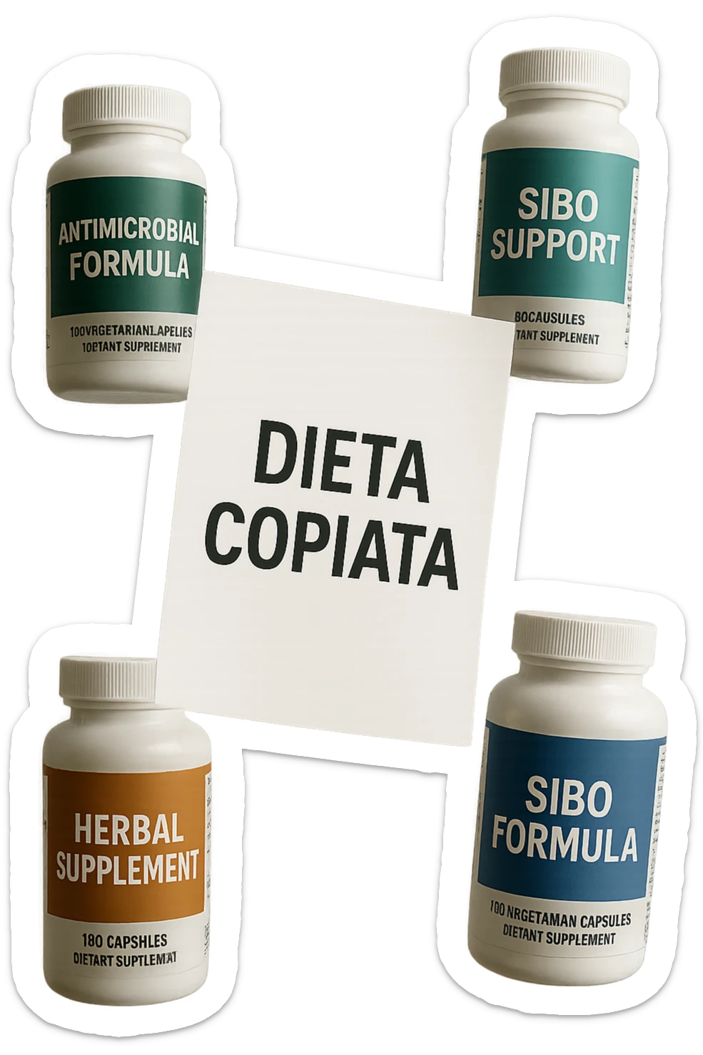 FOGLIO DI CARTA FLUTTUA IN ARIA CON LA SCRITTA "DIETA COPIATA", INSIEME A BARATTOLI DI INTEGRATORI PER CURARE IL SIBO IN ITALIANO, IPERREALISTICO 4K, NON DISEGNATO sticker