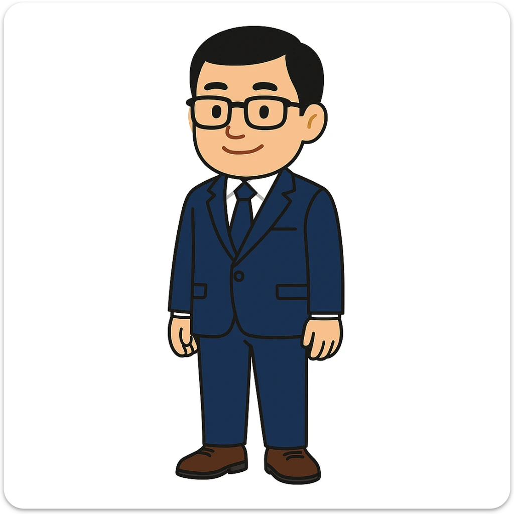 Edit the character to be a professional and friendly Asian male in his 30s-40s, with a balanced build, neat black short hair, and black-framed glasses. Dress him in a dark blue suit jacket, white shirt, and dark blue tie with brown leather shoes. Ensure he stands upright with a relaxed and confident posture, hands naturally at his sides, and feet slightly apart. The background should be pure white with no additional elements. The character should be centered with a symmetrical composition. The overall color scheme should be stable and harmonious with dark blue, white, and brown tones, conveying a professional yet approachable demeanor suitable for business or financial themes. The style should be emoji-like and cartoonish, with a clean and simple composition, no shadows or complex textures, similar to commercial flat design. No text elements should be included. The character should have a slight smile. sticker