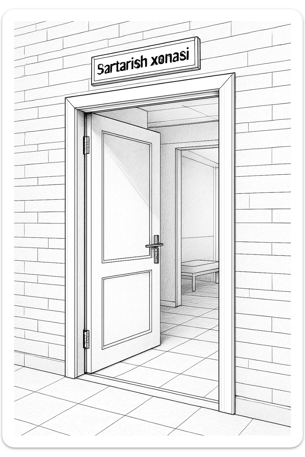 endi menga brohouse sartarish xonasini tashqaridan chizib ber eshigi ochiq bulsin faqat sticker