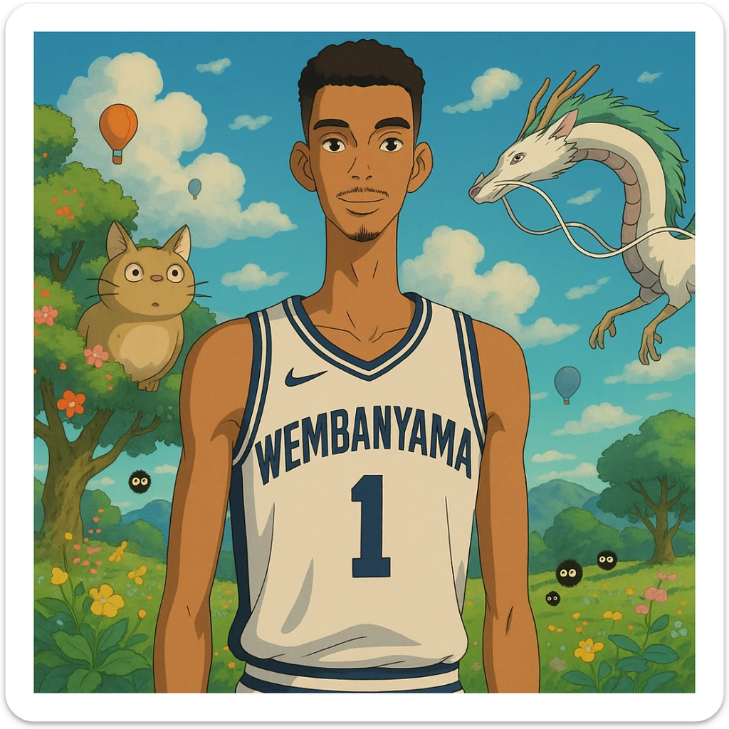 Victor Wembanyama wearing a basketball jersey, surrounded by fantastical elements, Ghibli style sticker