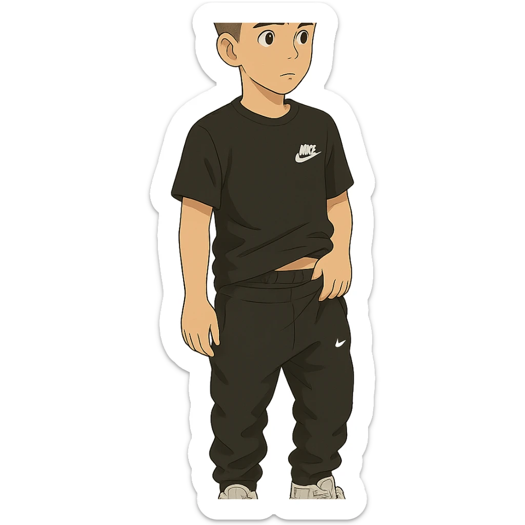 ghibli style chico de pelo moreno, corte taper fade, flequillo a las cejas, camiseta Nike negra, pantalones Nike negros bajados, zapatillas Dior blancas sticker