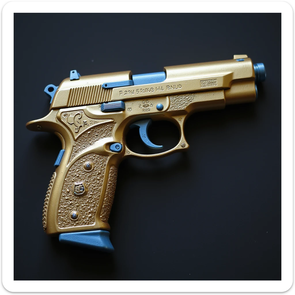 photorealistic gold pistol with blue accents, no heart shapes or motifs, white background sticker
