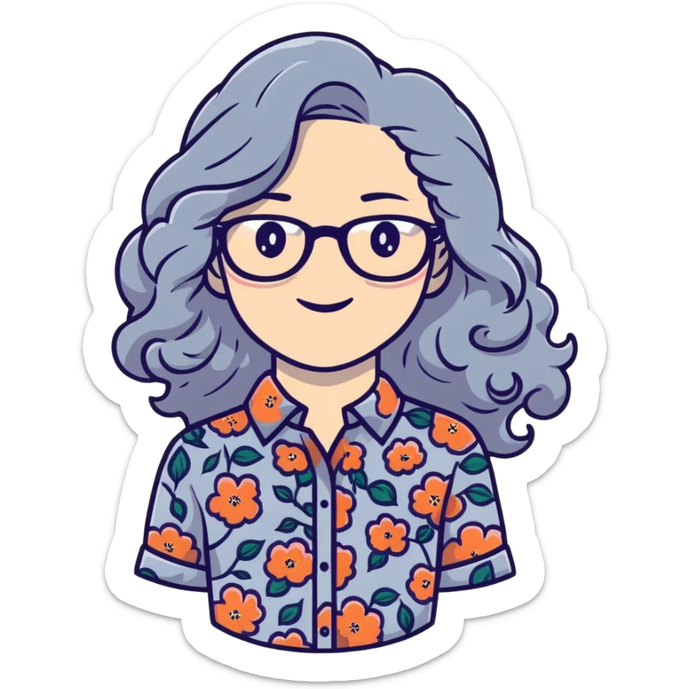 Hippie woman with long curly flowing gray hair and glasses wearing floral shirt sticker
