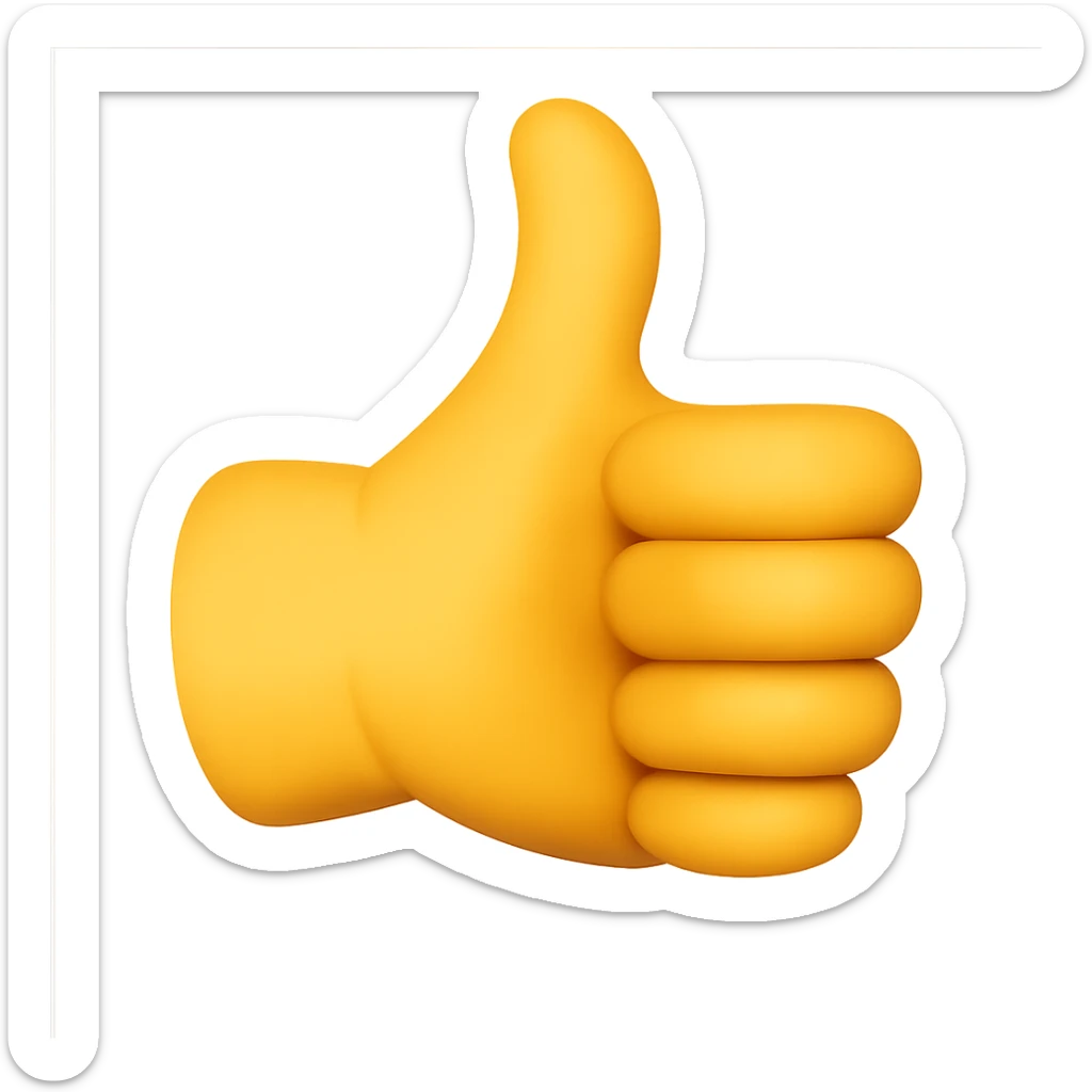 Create a 50% realistic emoji of just a hand giving a thumbs up, blending emoji style with realism, focusing on a clear and expressive thumbs up gesture. Use a transparent background. The style should be a mix of emoji and realistic hand details, inspired by the reference photo. sticker