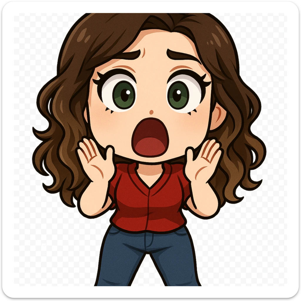 chibi emote of the woman from the reference images, wearing a red blouse and jeans, surprised/shocked, no headband, no wand, transparent background sticker