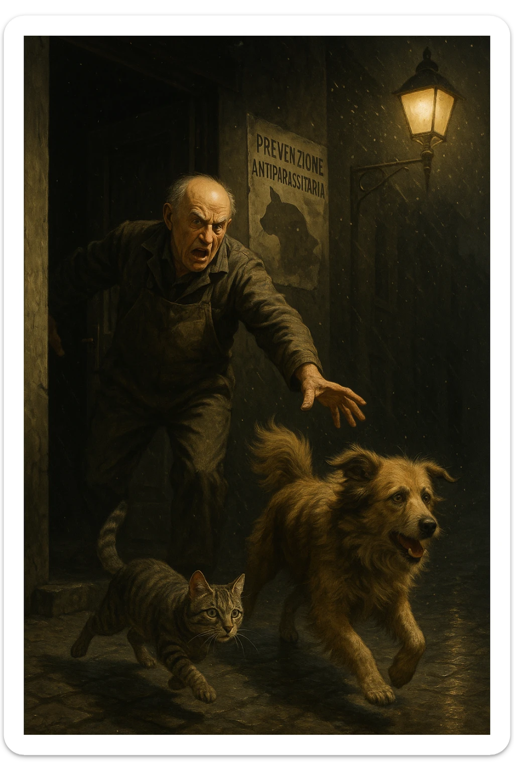 Un uomo anziano in tuta da lavoro, con espressione arrabbiata, butta fuori i suoi animali con aperta la porta di casa mentre il suo cane (un meticcio a pelo lungo) e il gatto (soriano) scappano nella strada buia sotto la pioggia. Particelle di polvere/pulci fluttuano nell'aria illuminata dal lampione. Sullo sfondo, un poster strappato del veterinario con scritto 'Prevenzione antiparassitaria'. Stile fotorealistico, illuminazione Caravaggesca, toni grigi e ocra. in italiano sticker