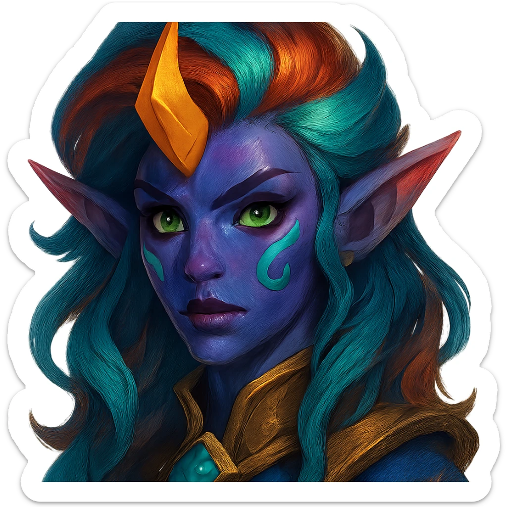 close-up portrait of a League of Legends inspired character face with unique features, fantasy style, vibrant colors sticker