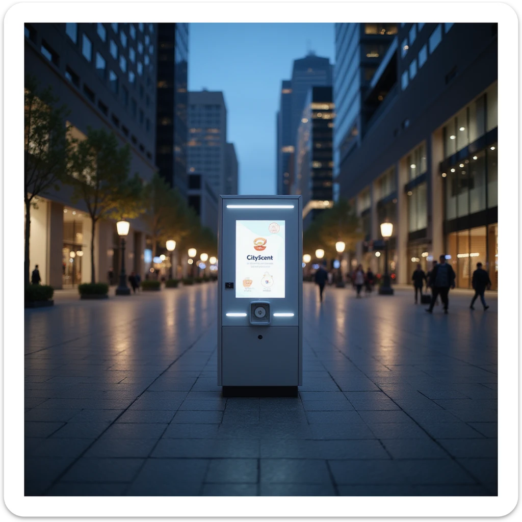 realistic depiction of the CityScent air freshener machine in the middle of a city square at nightfall, city lights reflecting on the pavement, modern architecture, no people, focus on the machine sticker