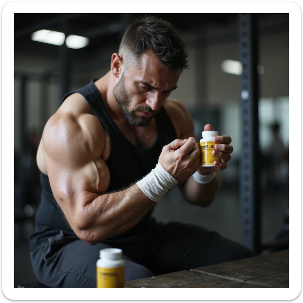 Powerlifter in gym, wrapping painful wrist, discomfort expression, bottle of Stanozololo in background, realistic details, fatigue atmosphere, weight room background sticker