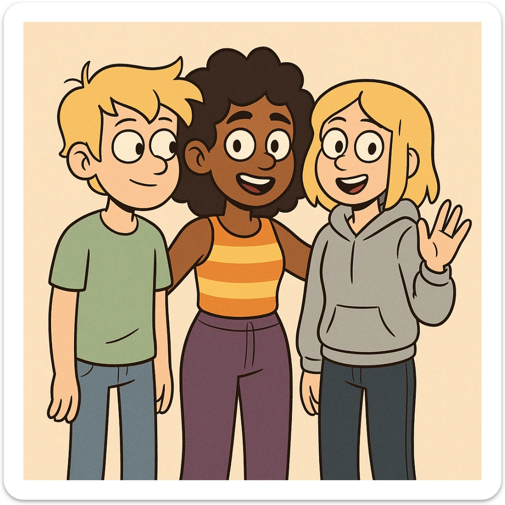 A boy dark yellow hair light green t-shirt white lightfo blue jeans girl brown skin black hair hairstyle curly hair yellow orange stripes top purple trousers girl yellow hair light grey hoodie dark blue jeans a hand hello  sticker