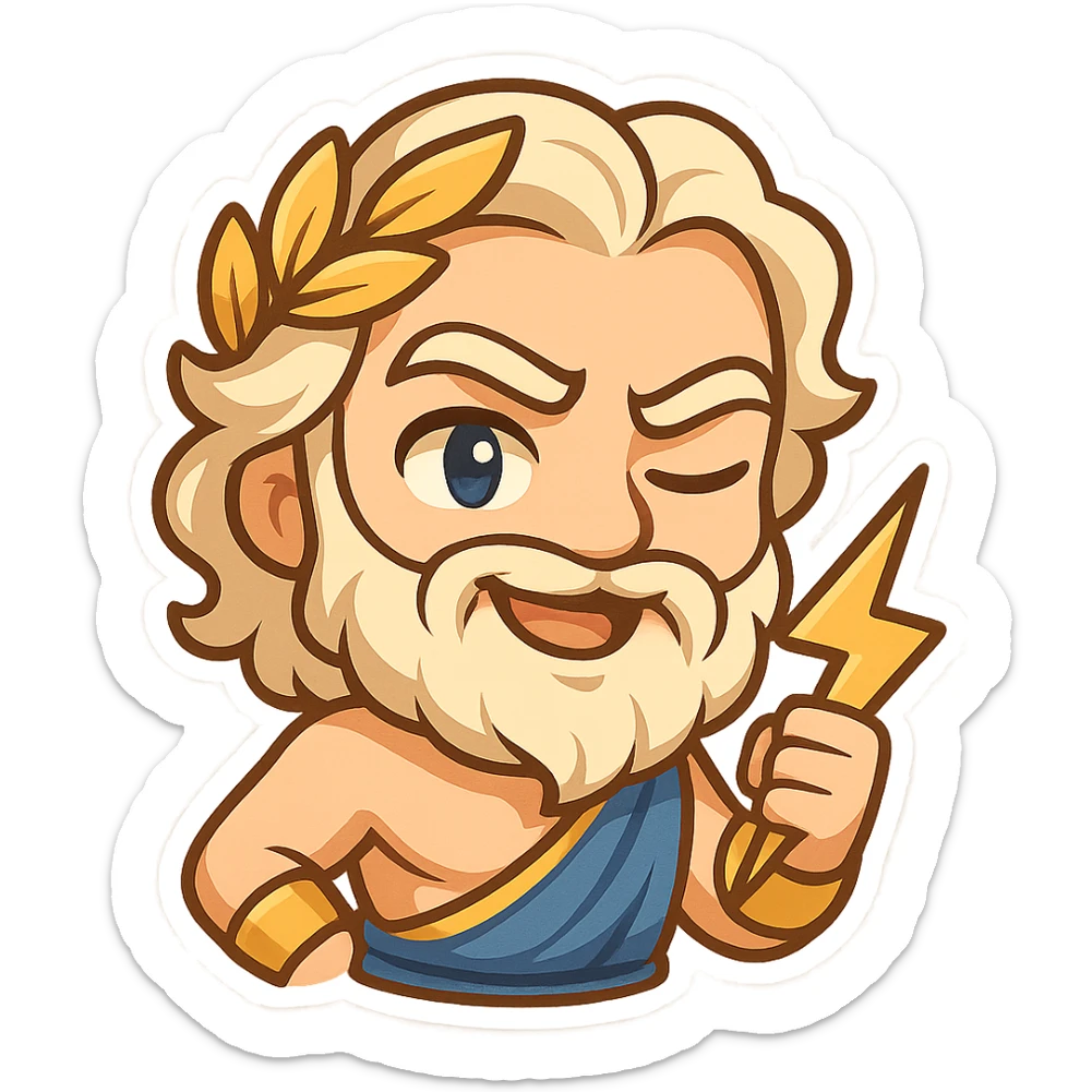 Greek god Zeus or Apollo with wink and smirk, modern and expressive, gold and blue tones, suitable for Discord emoji sticker