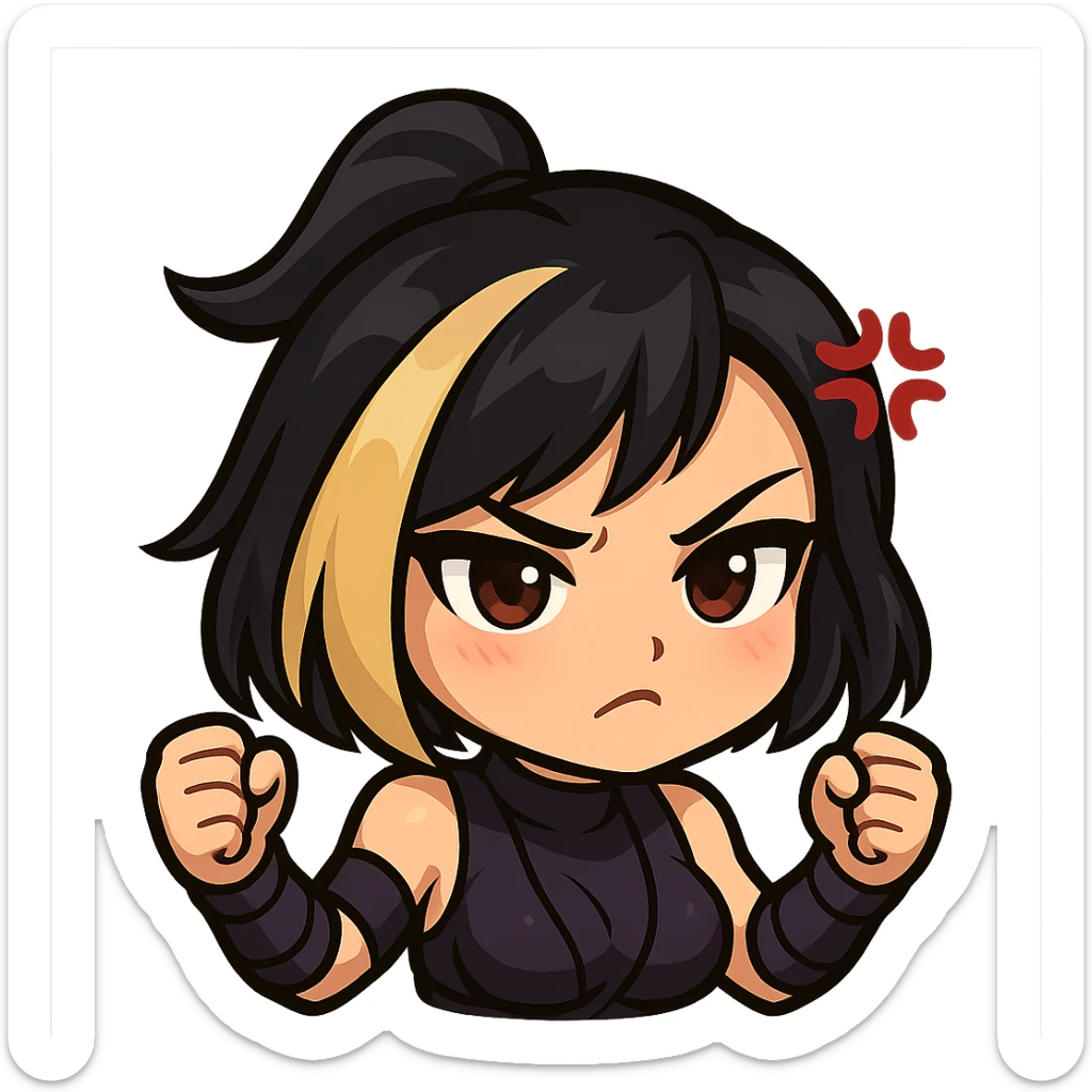 Sexy chibi ninja girl with black short hair and a blonde streak, only head and arms, colorful chibi style with bold outlines, transparent background, no mask, annoyed expression with furrowed brows and a small anger vein on forehead, sized for Twitch emoji use. sticker
