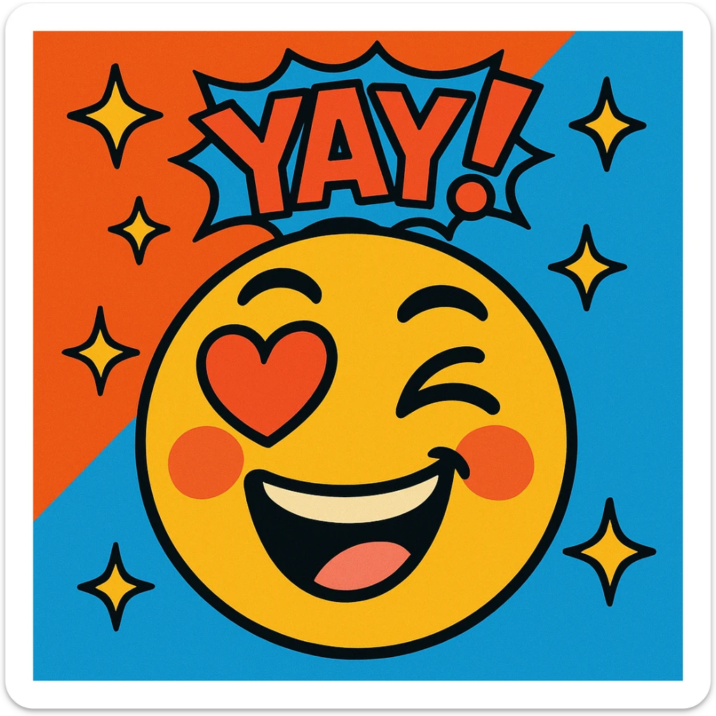 Add stars and a comic-style 'YAY!' text to the vibrant toon face with heart eyes, raised eyebrows, playful wink, blushing. sticker