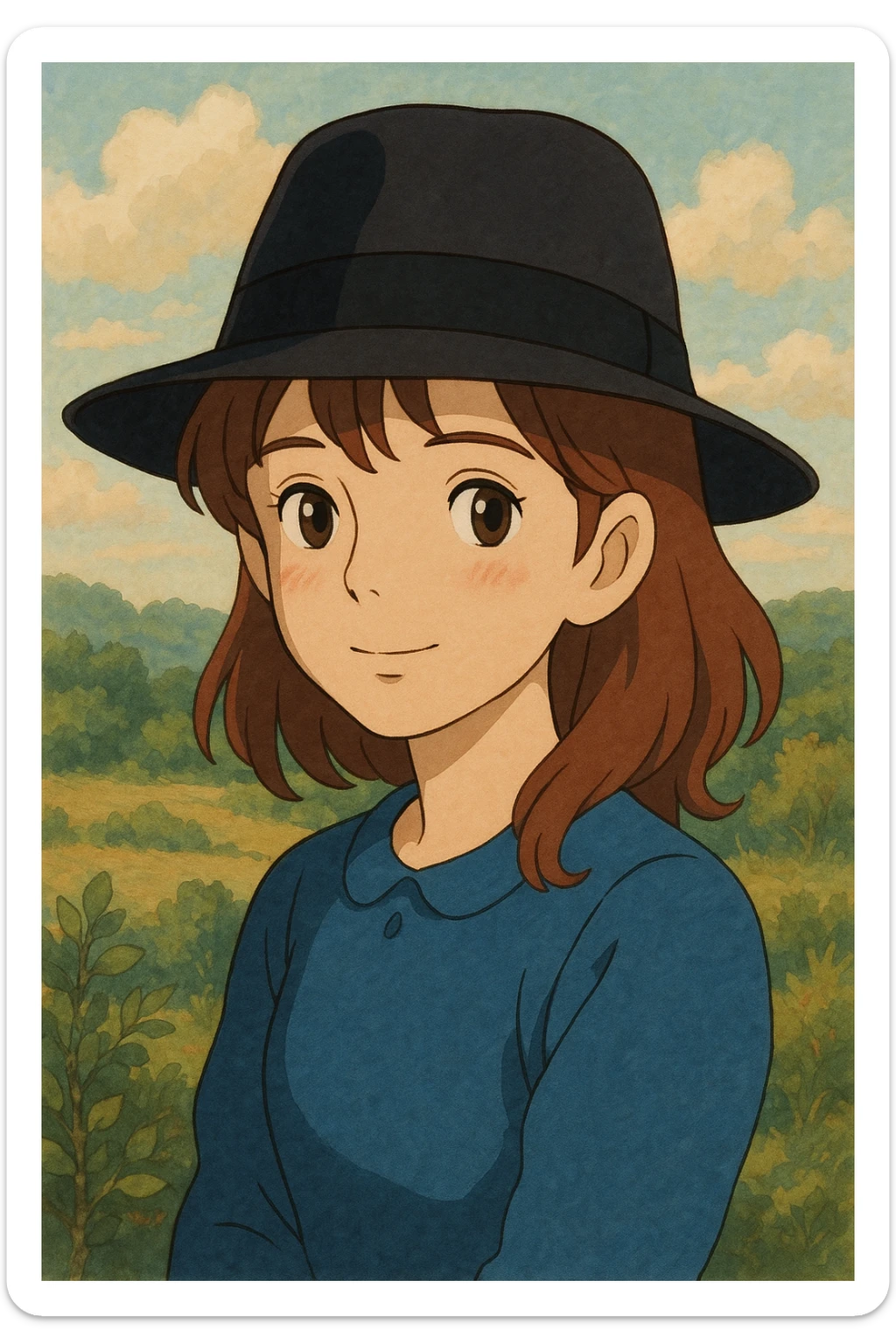 girl wearing a classic black fedora, gentle expression, soft colors, ghibli style sticker