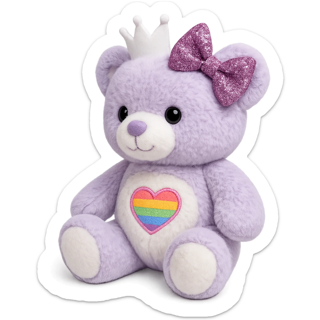 Add a glittery bow that sparkles to the purple and white teddy bear with a heart-shaped rainbow patch and a white crown. Keep the bear soft and plush, with no shadows and flat lighting. Remove the background. sticker