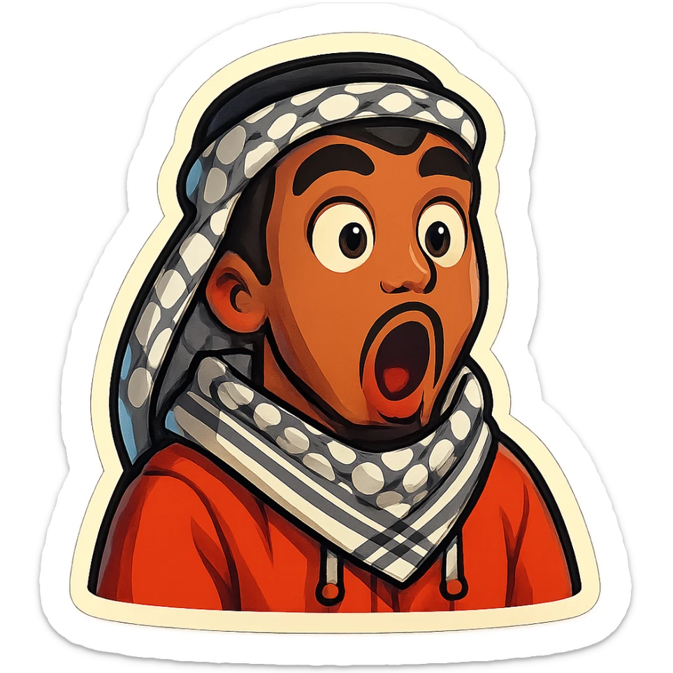 cartoonish, bold, vibrant emoji-style sticker of Ara, an Arab young man with medium brown skin, black hair, wearing casual urban Middle Eastern streetwear like a keffiyeh scarf or hoodie, making a dramatic gasp with wide eyes and open mouth sticker