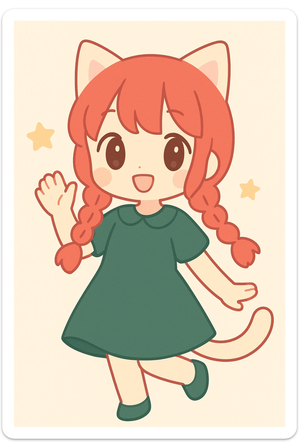 catgirl with bright red braided hair in twin braids, dark green dress, playful pose, anime style sticker