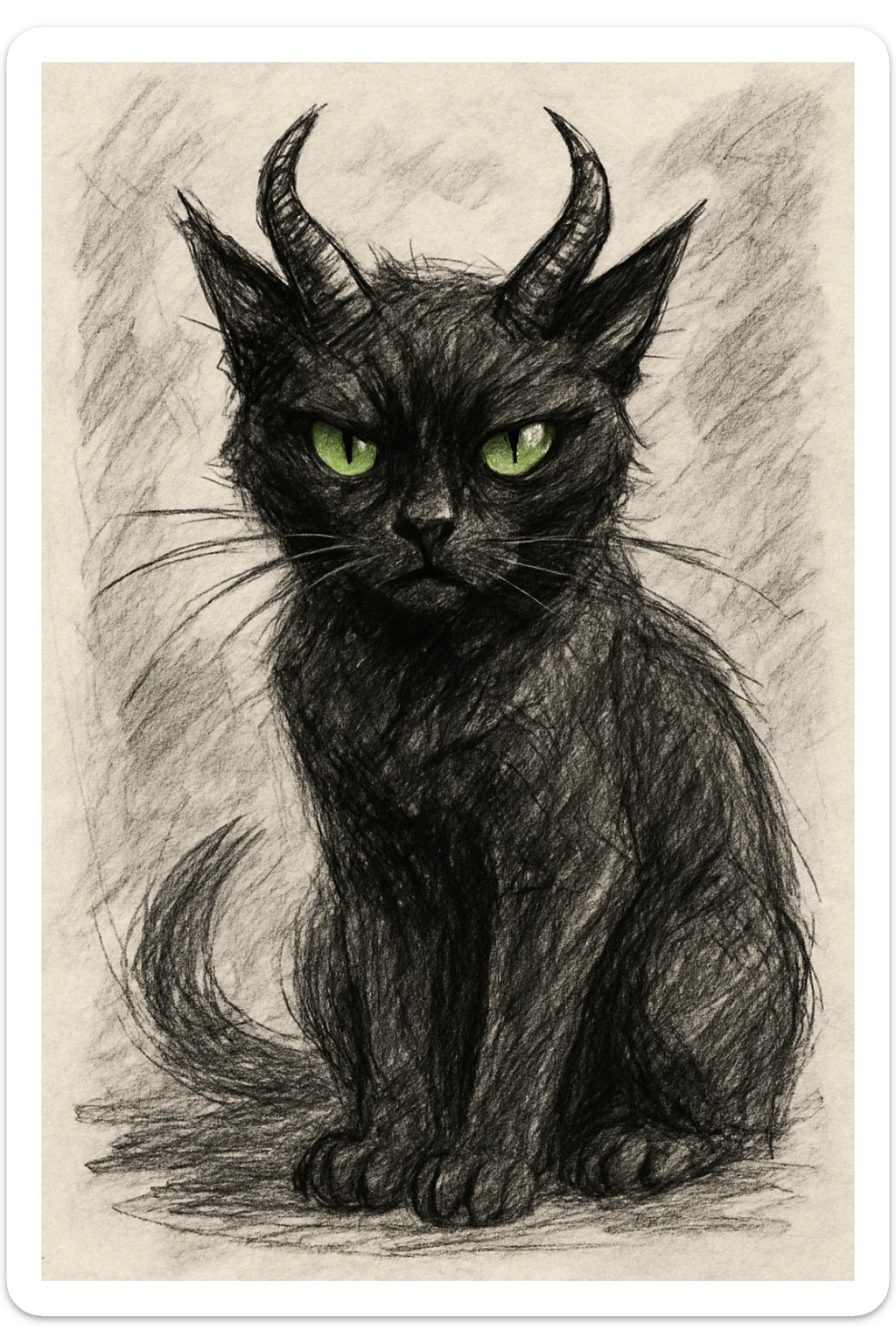 black cat with green eyes and demon horns, hand-drawn sketch style sticker