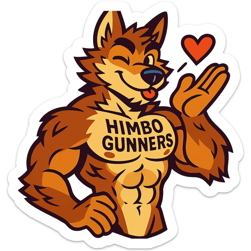 muscular wolf furry, shirtless, with 'Himbo Gunners' tattooed on his chest, blowing a kiss and winking, confident and fun, intricate fur and anatomy, ultra high quality sticker