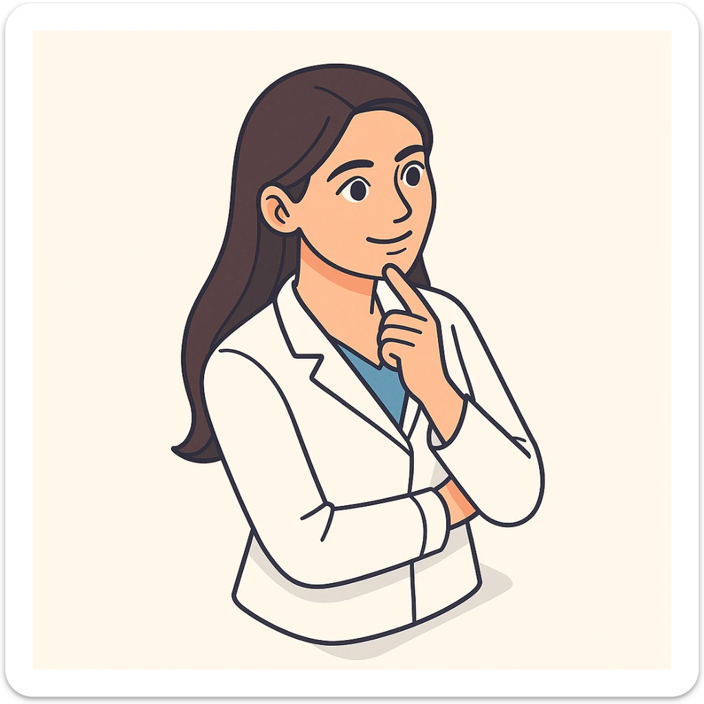 A girl doctor with dark long straight hair, detailed brown eyes (not just dots), smiling, wearing a white medical coat, in 2D isometric style with a minimalist background, thoughtful finger on chin, multiple pose and facial expression variations. sticker