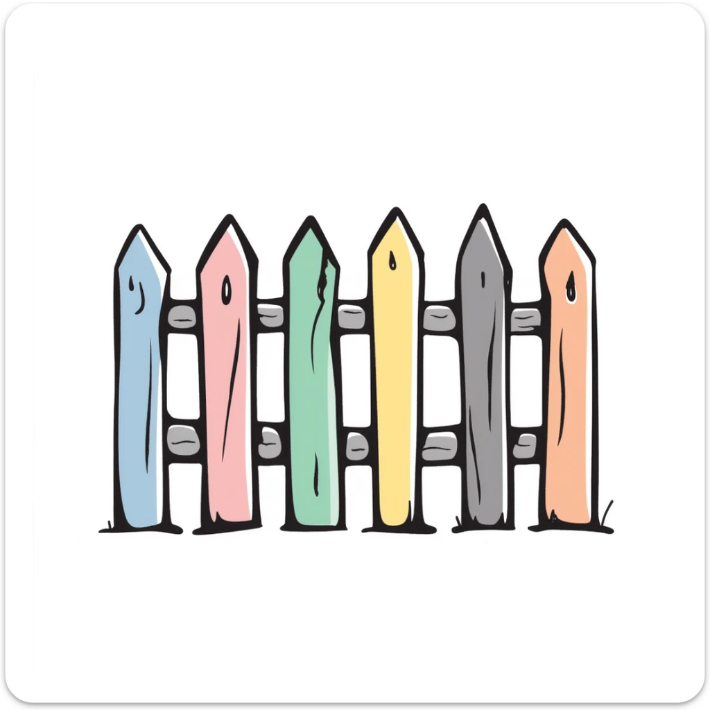 A wooden garden fence with decorative posts in pastel colors (dd9fb0, ffc6d3, a3bfc9, c4bee2, f1b091), hand-drawn doodle style sticker