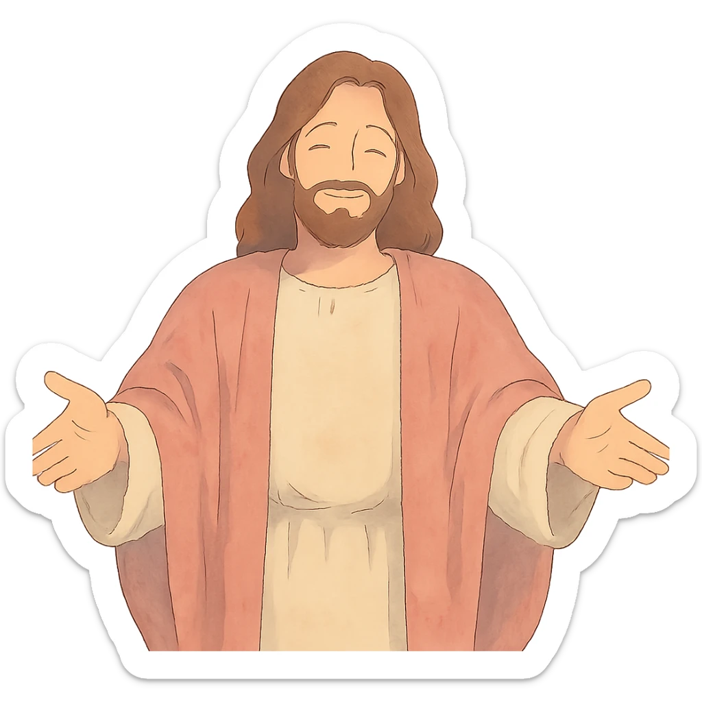 gentle loving depiction of Jesus with open arms, soft pastel colors sticker
