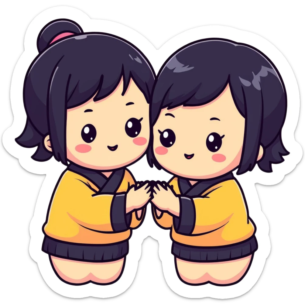 Two adorable Japanese girls with black hair and Asian features, their cheeks touching, kawaii style sticker