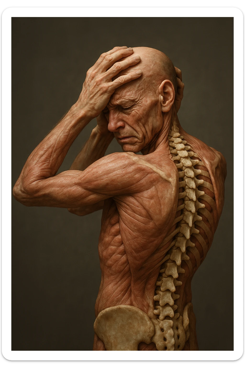CORPO UMANO ANATOMICO con spina dorsale in evidenza, molto stanca e stressata mentre si tiene le mani sulla testa, IPERREALISTICO 4K sticker