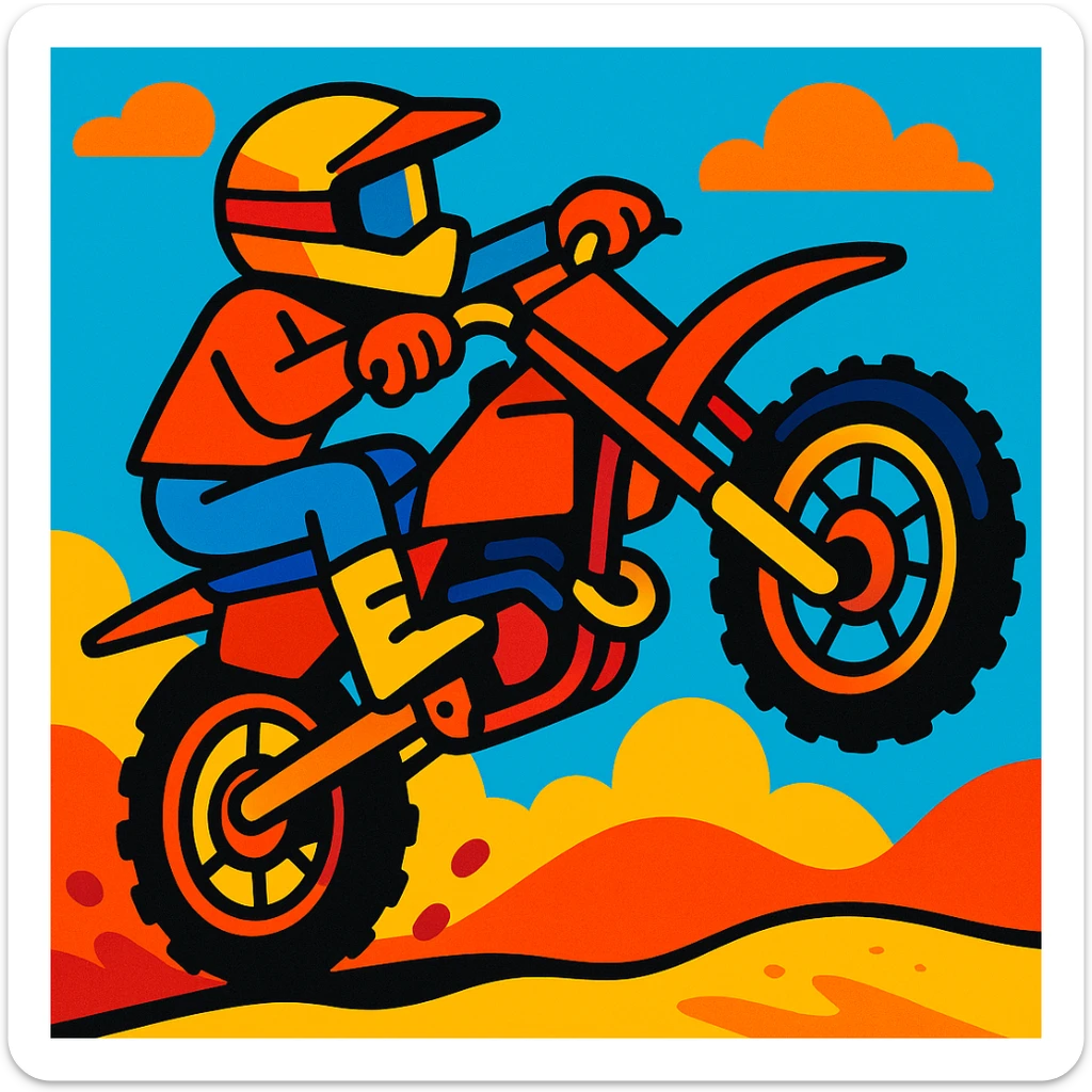 dirtbike wheelie, bold and playful style, vibrant colors, strong shapes, fun and energetic sticker