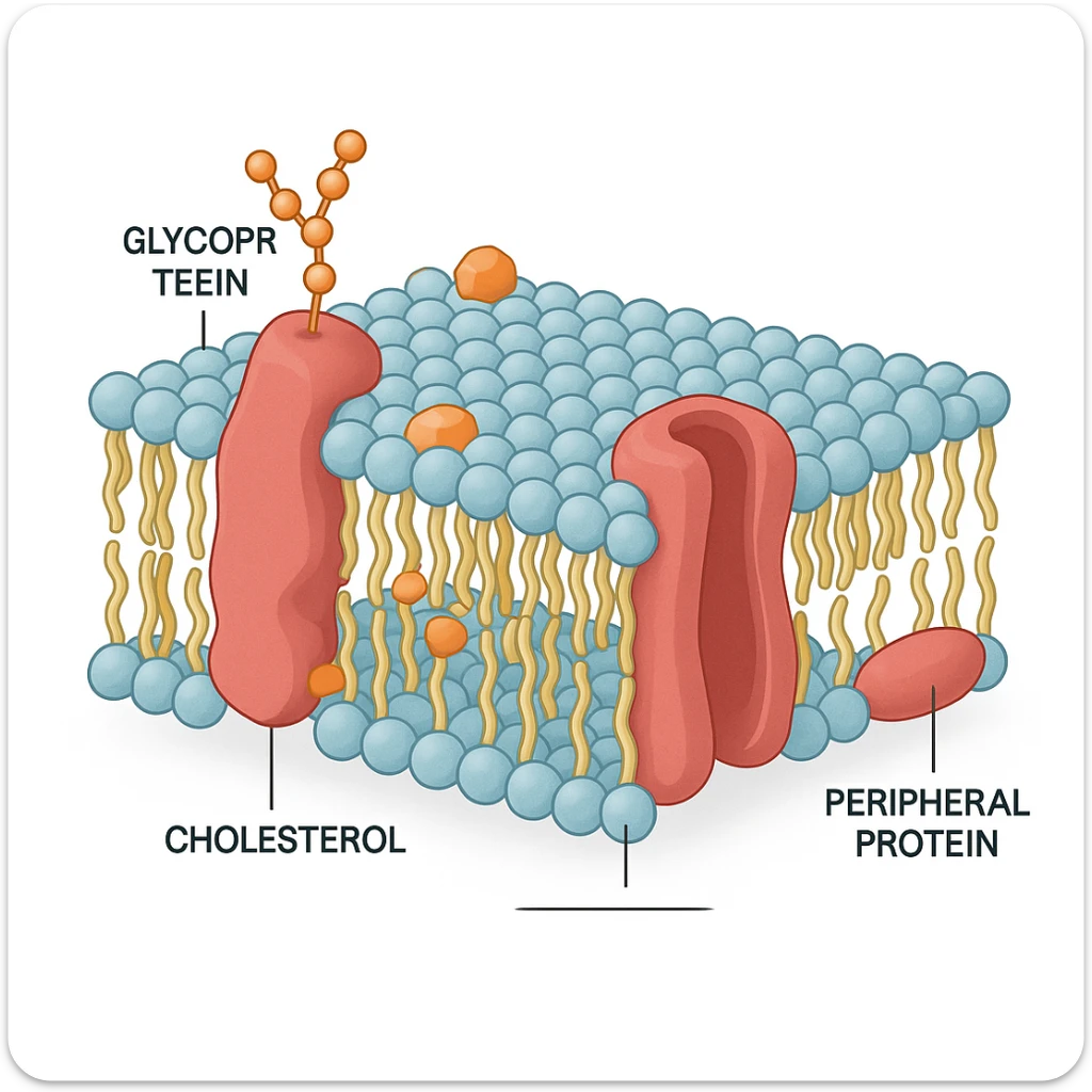 A highly detailed, scientifically accurate cross-section of a biological cell membrane (lipid bilayer) on a white background, ultra-realistic 3D illustration. Show the phospholipid bilayer with hydrophilic heads (round, polar) facing outward and hydrophobic tails (chains) inside. Include embedded proteins (integral and peripheral), cholesterol molecules (small, rigid), glycoproteins with sugar chains, and ion channels. The style should be clean, lab-textbook style, with subtle shadows and depth. Use a color scheme: light blue for hydrophilic heads, yellow for hydrophobic tails, red/pink for proteins, and orange for cholesterol. Microscope-like precision, no artistic stylization. Educational diagram of the Fluid Mosaic Model, cross-sectional view with labels for 'glycoprotein', 'cholesterol', and 'peripheral protein', vector graphic style. sticker