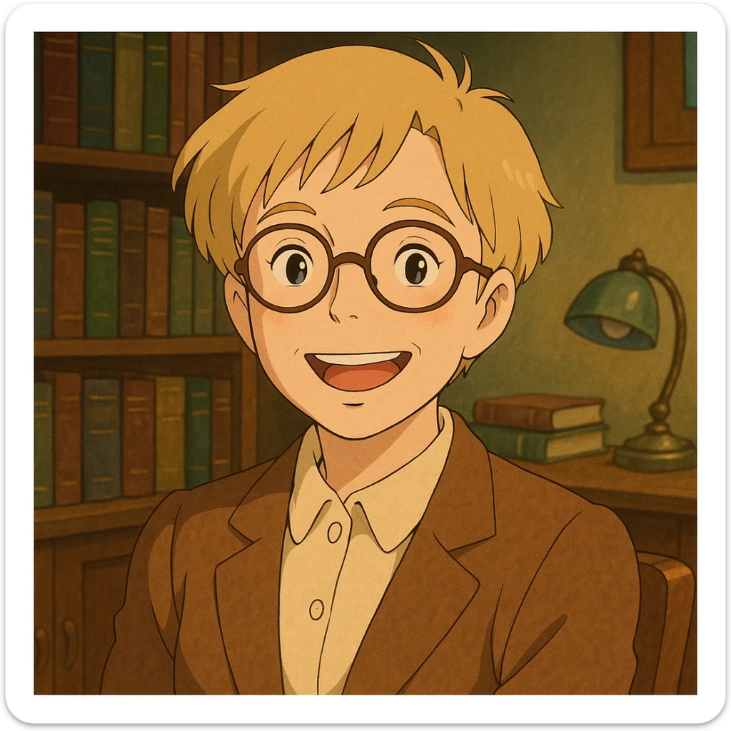 Profesora rubia de pelo corto con gafas redondas, muy sonriente, estilo ghibli sticker