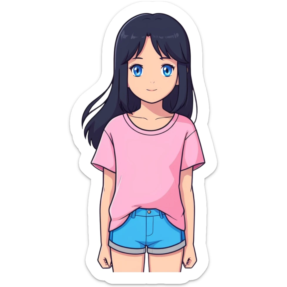 Beautiful girl with long black hair and blue eyes, wearing a pink short top sticker