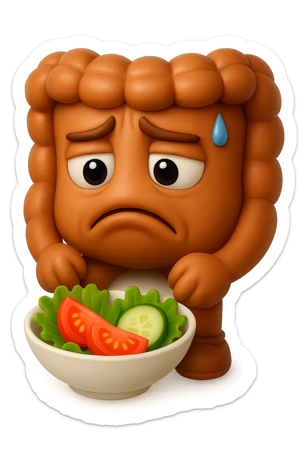 EMOJI STILE IPHONE DI UN INTESTINO UMANO ANATOMICO CHE GUARDA UN INSALATA CON ESPRESSIONE TRISTE E RASSEGNATA IN VOLTO: SOFFRE LA FAME PERCHé è A DIETA, FAGLI ANCHE LA PARTE BIANCA DEGLI OCCHI, NON SOLO LE PUPILLE, IPERREALISTICO 4K sticker