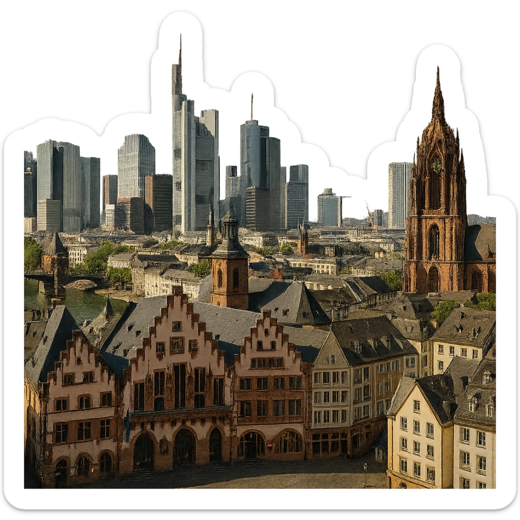 cinematic, realistic emoji of Frankfurt am Main, wide city view with iconic landmarks including Römer, Frankfurt Cathedral, Main Tower, modern skyline, lifelike detail, accurate colors, bright daytime lighting, no sky, no clouds, fully transparent background sticker